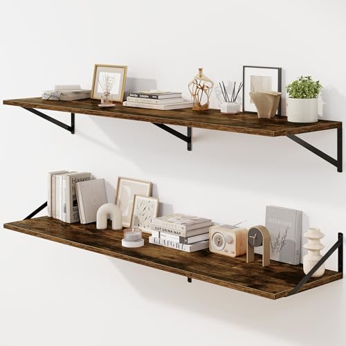 Fun Memories Floating Shelves for Wall, 12 Inch Deep Floating Shelves Set of 2, 55W x 12D Large Wall Shelf with Sturdy Metal Brackets for Living Room, Bathroom, Bedroom and Kitchen, Rustic Brown - color: A-rustic Brown, size: 55"W x 12"D