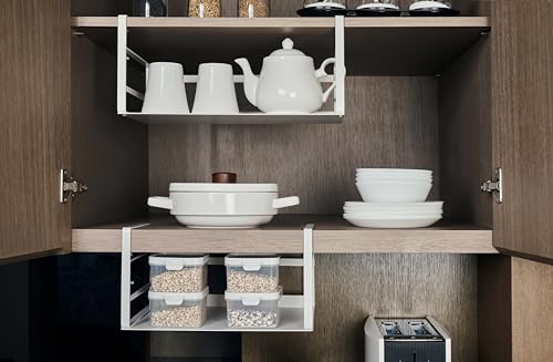 Nxconsu 2 Pack Under Shelf Storage Organizer, Adjustable Knob-Lock Hanging Basket for Kitchen Cabinet Pantry Cupboard Desk, Heavy Duty Metal, 30LB, White, Large(16.41" W×9.84" D, Interior H 4.88") - size: Large – 16.1" W