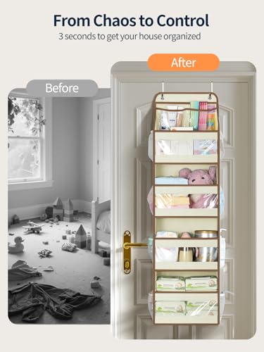 Yecaye 5 Tier 1Pc Over the Door Organizer, Swing-proof Door Organizer Hanging with Clear PVC Windows, Behind the Door Storage for Bedroom Nursery Closet Laundry Pantry Bathroom, Beige - color: Beige, size: 1 Pack 5 Tier