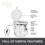 OGGI Clear Canister Airtight 38oz - Clamp Lid & Spoon - Airtight Food Storage Containers, Ideal for Kitchen & Pantry Storage of Bulk, Dry Food Including Flour, Sugar, Coffee, Rice, Tea, Spices & Herbs - size: 38 Fluid Ounces