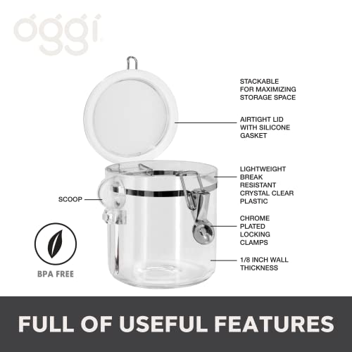 OGGI Clear Canister Airtight 38oz - Clamp Lid & Spoon - Airtight Food Storage Containers, Ideal for Kitchen & Pantry Storage of Bulk, Dry Food Including Flour, Sugar, Coffee, Rice, Tea, Spices & Herbs - size: 38 Fluid Ounces