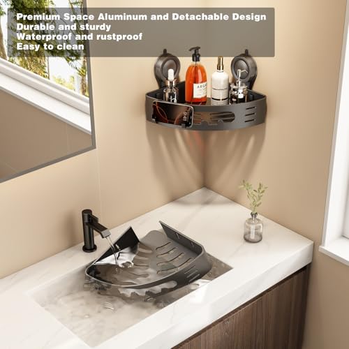 Voldra Corner Shower Caddy Suction Cup, Aluminum Corner Shower Shelves for Wall No Drilling, Large Suction Cup Shower Organizer with Towel Bar & Hooks Removable Bathroom Storage Rack(1 Pack-Gray) - color: Grey-Corners, size: 1 Pack