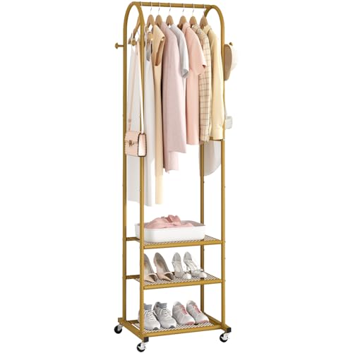 Kaitiemoo Heavy Duty Clothing Rack with Wheels,Modern Garment Rack with 3 Metal Shelves, 71.8Inches Display Rack for Hanging Clothes, Hanging Rod for Small Space,Gold - color: Gold