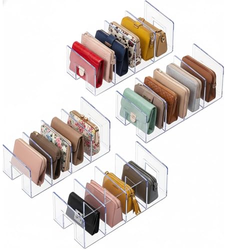 YAGELI Clear Acrylic Purse Organizer for Closet, 3-4 Section Desk File Sorter, 2.95" Wide Slots for Clutches, Handbags, Binders & Folders, Sturdy Stackable Bookshelf Organizer, 4-Pack (4 Sections) - size: 4 Sections-4 pack