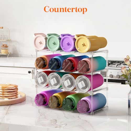 Lifewit Stackable Bottle Storage Organizer, Clear Freestanding Wine Holder for Cabinet, Large Slot Water Bottle Tumbler Organizer for Pantry, Plastic Wine Rack for Fridge Cellar, 4Tier Hold 16 - size: 4 Tier-16 Bottle