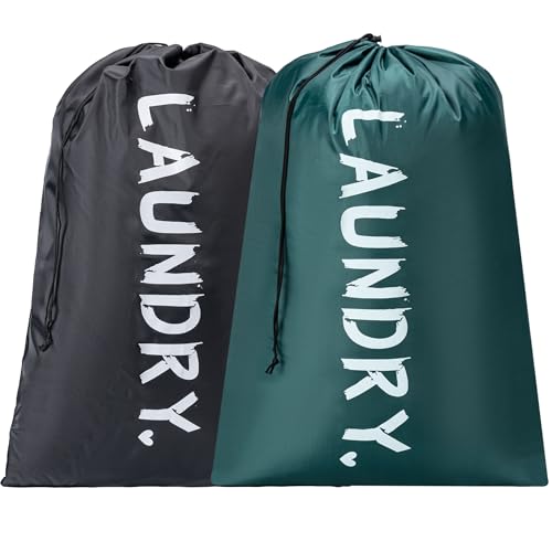 2 Pack XL Travel Laundry Bag, Machine Washable Dirty Clothes Organizer with Drawstring,Large Enough to Hold 4 Loads of Laundry, Easy Fit a Laundry Hamper or Basket Travel Essentials 24" x 36" - color: Dark Green+Black, size: 24"x36" |2 Pack
