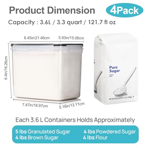 Vtopmart Food Storage Containers 3.3 quart / 3.6L, 4 Pieces BPA Free Plastic Airtight Canister for Flour, Sugar, Baking Supplies, with 4 Measuring Cups and 24 Labels,Black - color: Black, size: 3.6L