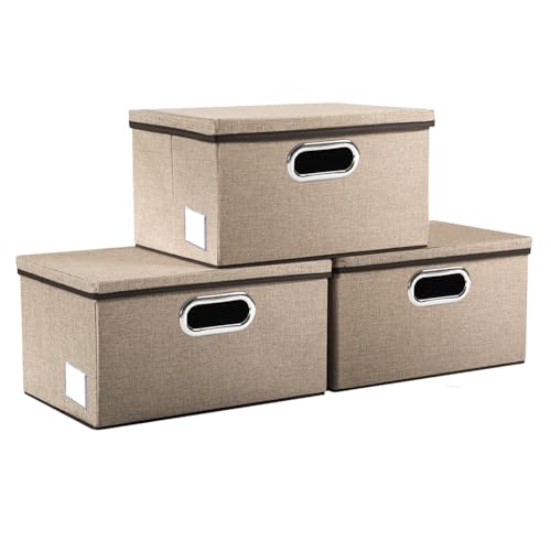 PRANDOM Storage Bins with Lids [3-Pack] Jute Fabric Foldable Storage Boxes Organizer Containers Baskets Cube with Cover for Home Bedroom Closet Office Nursery khaki（11.4X8.6X6.7 - color: Khaki, size: S(3-pack)