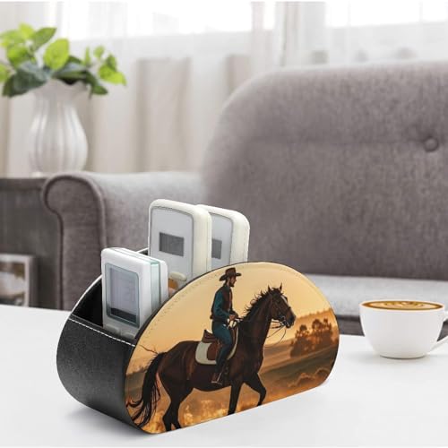 PU Leather Remote Control Organizer Box 5-Slot Multifunctional Cowboys Riding Horses Storage Holder for TV/DVD/Accessories Stylish Desk Decor for Living Room, Bedroom, Office - color: Cowboys riding horses