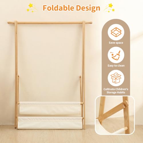 Foldable Kids Clothing Rack - Dress Up Storage with 2 Fabric Shelves, Bamboo Small Clothes Rack for Hanging Organizer, Kids Costume Wardrobe & Dress Up Rack for Bedroom, Playroom, Nursery (Natural)