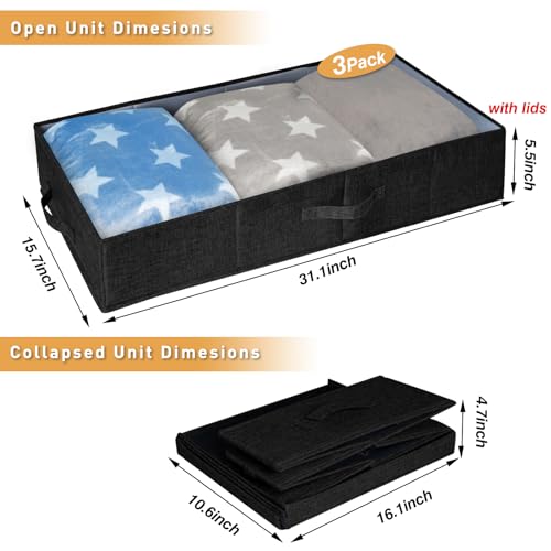 punemi Under The Bed Storage Containers 3 Pack, 6 Inch Tall Stackable Underbed Storage Bins With Handles, Closet Organizers and Storage Bins, Large Under Clothes Drawer Organizers Box For Crib, Black - color: Black-3pack, size: 6 inch Tall