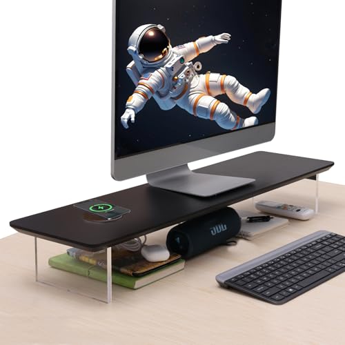 SUIBIAN Black Monitor Stand Riser with Wireless Charging 31.5Inch Large, Computer Monitor Stand,Wooden Desktop Organizer Shelf for Office Desk Computer,Laptop,TV (Black Oak) - color: Black Oak