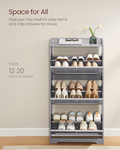 VASAGLE Shoe Cabinet with 3 Flip Drawers, Shoe Organizer, Adjustable and Removable Dividers, Holds 12-20 Pairs, Entryway, 9.4 x 23.6 x 47.7 Inches, Dove Gray ULBC036GD02S - color: Dove Gray, size: 9.5"D x 23.6"W x 47.7"H, style: shoe cabinet