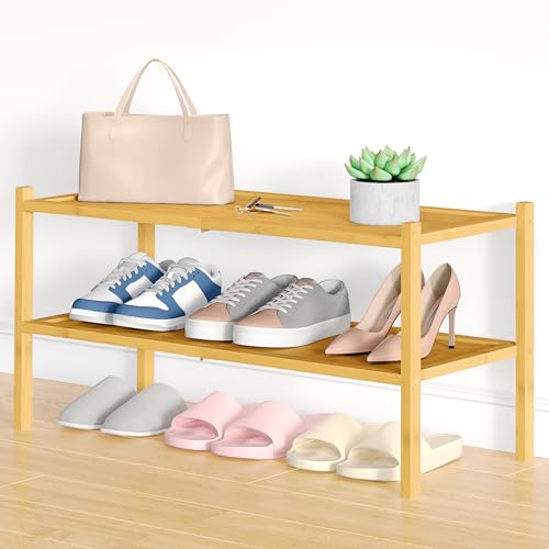 Smiry Bamboo Shoe Rack, 2 Tier Shoe Organizer for Entryway & Closet, Stackable Free Standing Storage Shelf for Shoes, Bags & Plants, Natural - color: Natural, size: 2 Tier-Regular