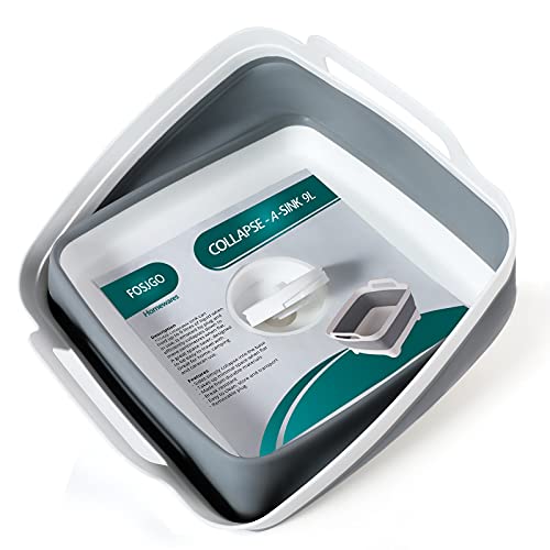 FOSJGO Reinforced Collapsible Dish Basin with Drain Plug, 2.4 Gal/9L Space-Saving Foldable Sink, Wash Basin for Kitchen, Camping, Baby Bottles, Vegetable Washing and Party Beverage Tubs - color: Gray