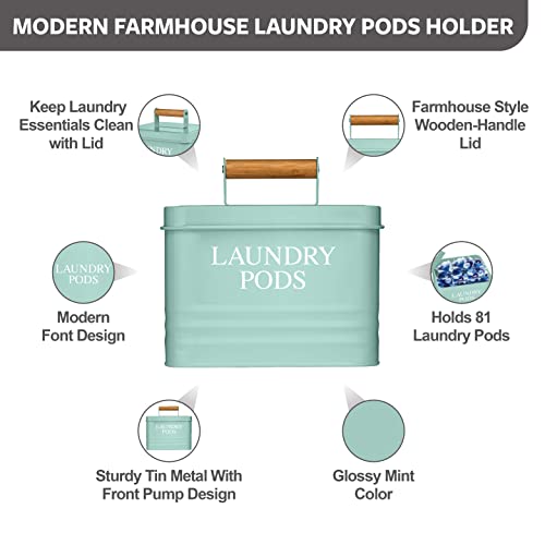 Calindiana Modern Farmhouse Metal Laundry Pods Holder Container with Lid for Laundry Room Decor and Accessories and Space Saving Organization and Storage, Holds 81 Laundry Pods, Mint - color: Mint