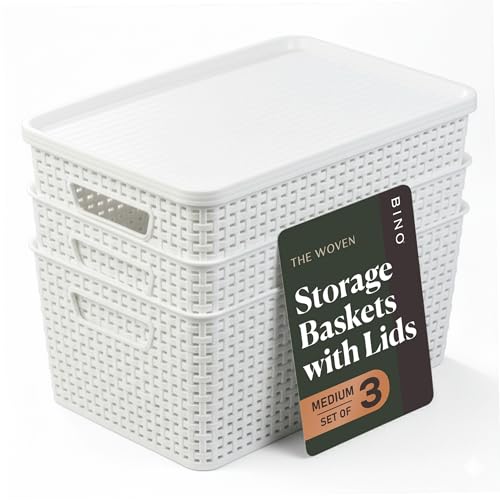 BINO | Plastic Storage Baskets with Lids, 15.5 Liter - 3 Pack, White | THE WOVEN COLLECTION | Storage Basket for Shelves Woven Storage Baskets for Organizing Bins Pantry Shelf Organizer Container Bin - color: White, size: 13.5L | 3-Pack