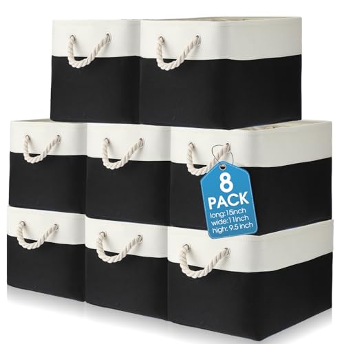 meekoo 8 Pack Collapsible Storage Bins Fabric Storage Bins Polyester Fabric Baskets with Handles Linen Closet Organizer for Shelf Home Closet Towels Toys(15 x 11 x 9.5 in,Black White) - color: Black White, size: 15 x 11 x 9.5 In