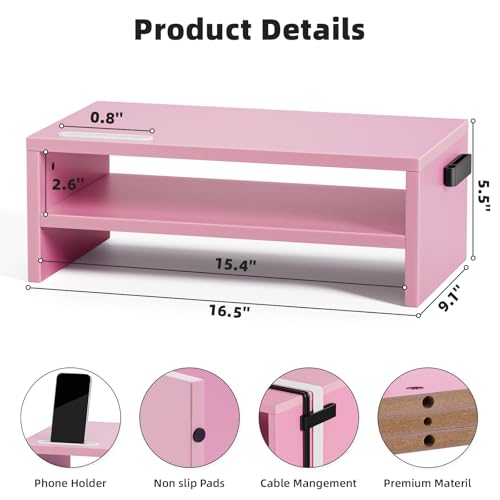 Marbrasse Monitor Stand Riser, 16.5 Inch 2 Tier Computer Printer Shelf Stand for Laptop Computer Screen Storage, Desktop Stand with Phone Holder and Cable Management (Pink) - color: Pink