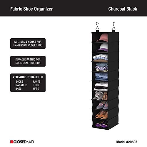 ClosetMaid 20502 10-Shelf Fabric Hanging Closet Organizer for Shoes, Hats, Handbags, Clothes with Charcoal Black Finish - size: 10-Shelf Hanging Shoe Organizer