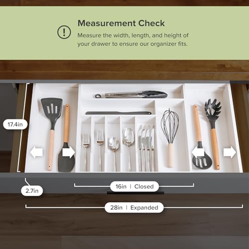 KitchenEdge Premium Silverware, Flatware and Utensil Organizer for Kitchen Drawers, Food-Safe Contract Grade, Expandable from 16 to 28 In, White Bamboo - color: White Bamboo, size: From 16" to 28" wide