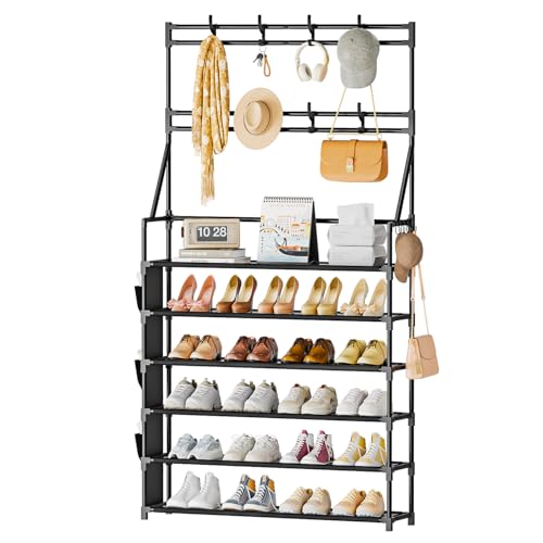 OYREL Shoe Rack 6 Tier Shoes Organizer 24-30 Pairs Shoe Racks for Closet Front Door Entrance Large Capacity Space Saving Shoe Storage Organizer with Multifunctional 5 Hooks and Side Pocket - color: Black, size: 6 Tier