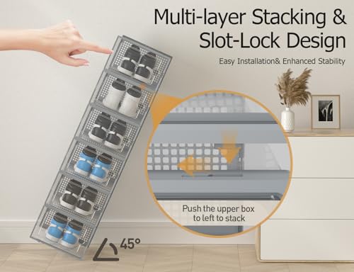 Kuject XX-Large Shoe Storage Boxes Organizers Clear Plastic Stackable 12 Pack, Shoe Rack & Holder Substitute, Sneaker Containers, Shoe Storage Organizer Bins for Closet, Under Bed, Grey(No Fold Line) - color: Grey, size: XX-Large