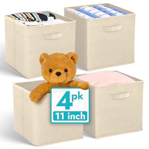 Reli. 11 Inch Cube Storage Bins (4 Pack) | Cube Organizer Bins | 11x11 Fabric Storage Boxes | Collapsible, Foldable Fabric Cubby Box (Square) | Kids Room Organization (Beige)