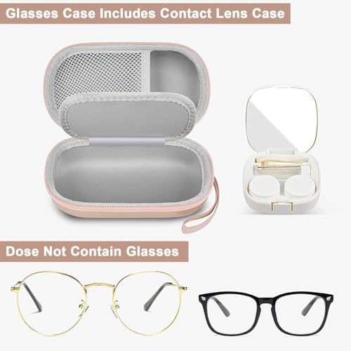 Portable 2 in 1 Contact Lens Case and Glasses Case, Traveling Contact Cases Bag Box Holder with Soak Storage Kit Included Built-in Mirror, Tweezer, Contact Lens Solution Bottle and Hand Strap-Gold - color: Gold