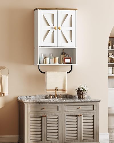 CHOEZON Bathroom Wall Cabinet, Medicine Cabinet with Open Partition and Towel Bar, Rustic Storage Cabinet with Open and Hidden Storage Space, for Bathroom, Living Room, Kitchen, White and Walnut - color: White and Walnut, size: 7.1"D x 15.4"W x 24.4"H