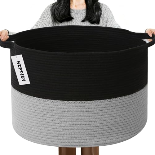 65L Large Blanket Basket, 19.7" L x 19.7" W x 13" H Rope Woven Storage Basket,Laundry Hamper for Toys, Clothes, Pillows,Towels, Perfect for Living Room, Nursery & Bedroom,Black&Light Grey - color: Black&Light Grey, size: 19.7"L x 19.7"W x 13"H(65L)