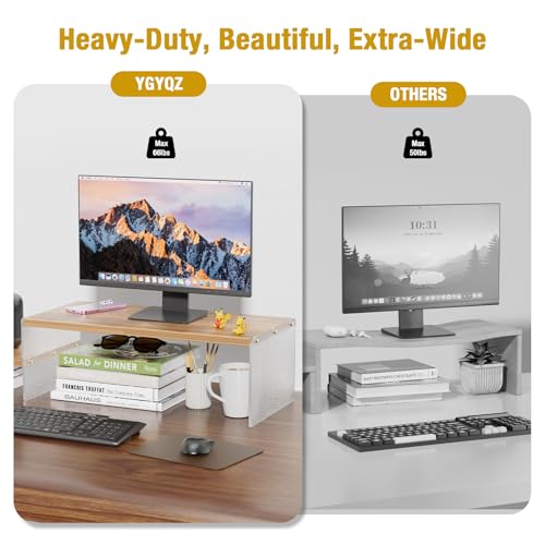 Adjustable Monitor Stand Riser with Acrylic Legs丨9.4" Wide Dual Monitor Stand for Desk丨2-Tier Wood Desktop Organizer for Computer, Laptop, Printer & PC丨Modern Aesthetic Desk Shelf(wood-glacial striae) - color: wood-glacial striae, size: 9.4’ W*19.3L