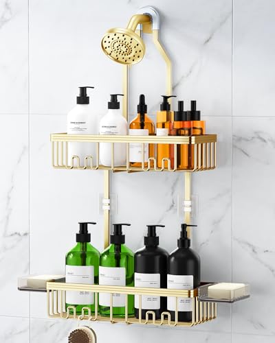 Shower Caddy Hanging, Shower Organizer Hanging, Aluminum Shower Racks for Inside Shower with Hooks for Razor, Never Rust Bathroom Organizers and Storage with Soap Holder, Gold - color: Gold
