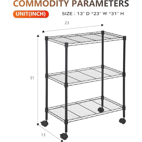 BestOffice | 3-Tier Wire Storage Shelves with Wheels | 23x13x31 | Black | Adjustable Racks | Heavy-Duty Metal Shelf, Holds Upto 170 lbs | No-Tool Assembly | Ideal for Home & Garage Shelving - color: Black, size: 23"D x 13"W x 31"H