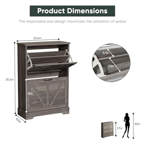 Smart FENDEE Shoe Cabinet, Shoe Storage Cabinet for Entryway with 2 Flip Drawers, Narrow Farmhouse Shoe Organizer Cabinet, Slim Shoe Rack Cabinet, Gery - color: Grey, size: Width - 23.6 inches