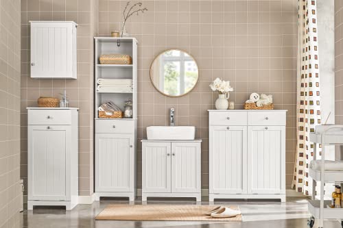 SoBuy Slim Tilt-Out Laundry Hamper Cabinet, Smal Pull-Out Bathroom Storage Unit with Shelf&Drawer, Narrow Hidden Basket Chest Bath Cupboard, White BZR21-W