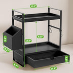 Kottwca 2-Tier Bathroom Counter Organizer with Drawer, Basket & Hooks, Wooden Vanity Shelf for Skincare, Perfume & Makeup Storage(Black) - color: Black