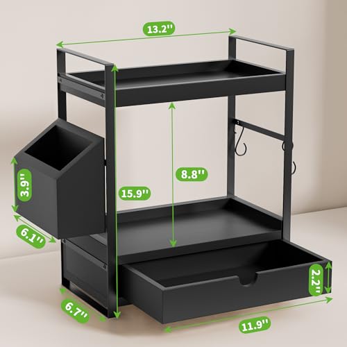2-Tier Bathroom Counter Organizer with Drawer and Basket, Wood Countertop Organizer for Storage, Skincare Organizers for Vanity, Counter Shelf for Bathroom Organization, Black - color: Black