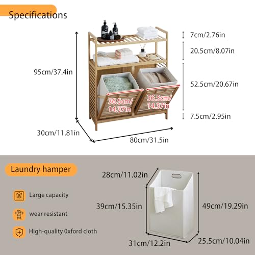 Baveke Double Tilt Out Laundry Hamper, Bamboo Hamper with 2 Removable Bags, Pull Out Laundry Hamper Cabinet, Bathroom Storage Shelf for Laundry Room, Living Room, Bedroom (2-Tier, Natural) - color: Natural, size: YSJ02-2T