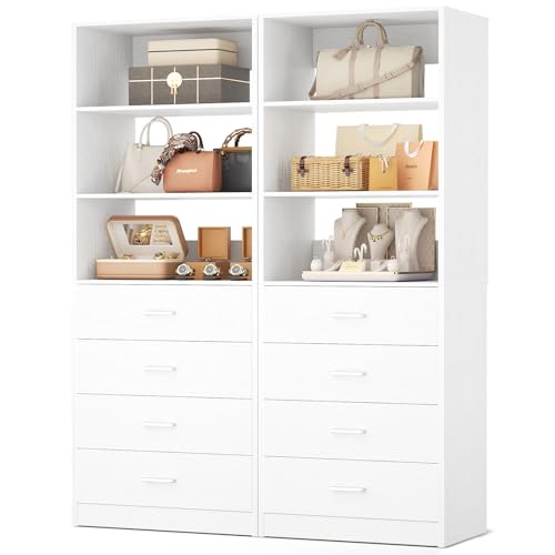 Aheaplus Closet Drawers Organizer System, 3.54FT Wood Closet System with 4 Drawers, Modular Walk-in Closets Storage Unit, Tall Bookshelf Storage Cabinet, White (2 Packs) - color: White, size: 42.5''