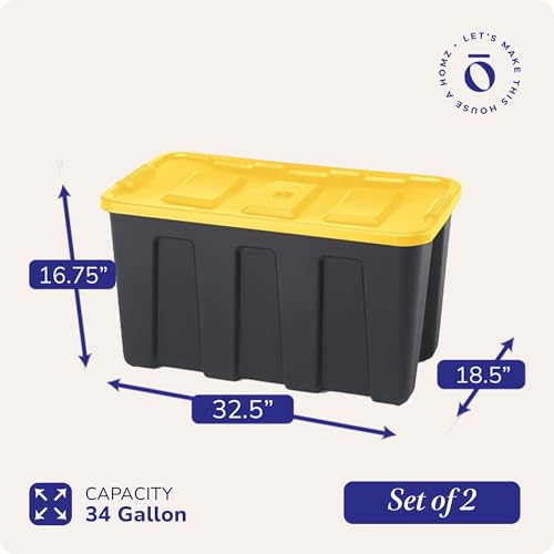 HOMZ 2-Pack Durabilt Tote, Heavy Duty Plastic Storage Bins with Lids, 34 Gallon, Black/Yellow - Stackable Organizing Containers for Home, Garage, and Office - color: Black Base/Yellow Lid, size: 34 Gallon (Pack of 2)