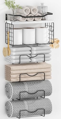 Towel Racks for Bathroom,Towel Rack Wall Mounted, 6 Tier Rolled Or Folded Towel Holder with Floating Shelves, Bathroom Towel Holder for Bath, Hand Towels,Metal,White Wood Panel - color: White Plack, size: J-type Black Rack