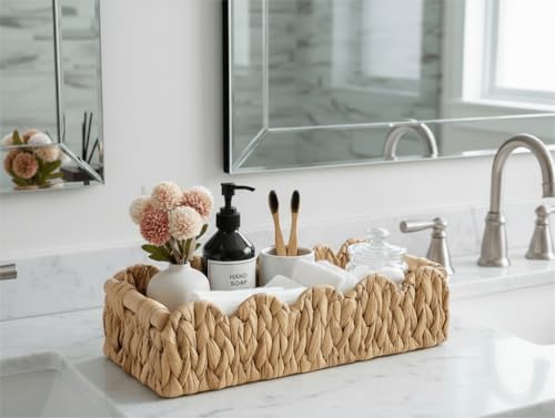 Kriitools Wicker Bathroom Basket Tray Organizer w/Scalloped for Toilet Paper, Small Rattan Decorative Basket for Bathroom Decor, Farmhouse Home Decor, Living Room and more, Natural Water Hyacinth - color: 1 Pack