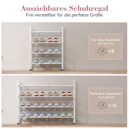 Bumusty 4-Tier Expandable Shoe Rack for Closet, 18“-33” Adjustable Shoe Rack for Small Space, Small Shoe Organizer for Front Door, Sturdy Metal, White - color: White, size: 4-Tier