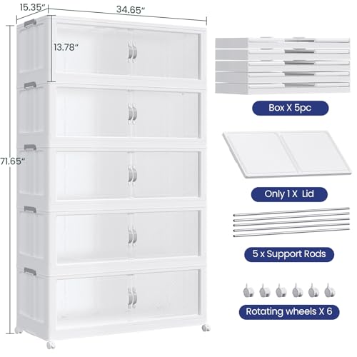 1200QT Extra Large Stackable Storage Bins with Lid & Wheels & Doors, 300Gal Foldable Collapsible Closet Organizers, Plastic Cabinet Box Container Drawer for Home Kitchen Bedroom, 5Pack White - size: 240QT, style: 5Pack