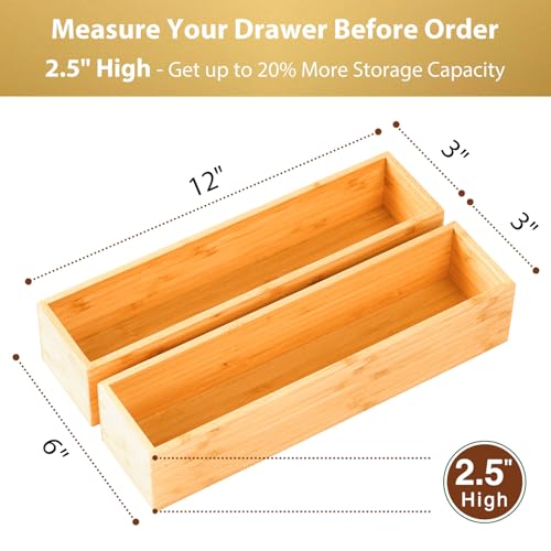 Umilife Bamboo Kitchen Drawer Organizer, Extra High Silverware Tray, Flatware Cutlery Storage Box, Multi-Use Holder in Office, Bathroom, Pantry - 12"x3"x2.5" (Set of 2) - size: 12 x 3 x 2.5" (Standard, Set of 2)