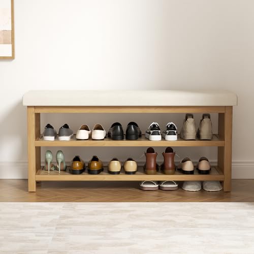 2 Tier Shoe Rack Bench with Cushion, Rubberwood Shoe Benches, Mid-Century Modern Shoe Storage Bench for Entryway, Hallway, Living Room, Closet, Front Door Entrance, Beige - color: Beige
