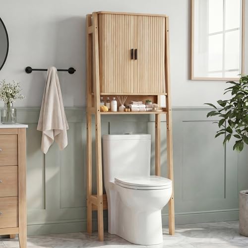 weselon Over the Toilet Storage Cabinet with Fluted Sliding Doors, Bathroom Space Saver Organizer, Freestanding Over Toilet Storage Rack for Small Bathroom, Wall-Anchored Wooden Cabinet (Natural) - color: Natural