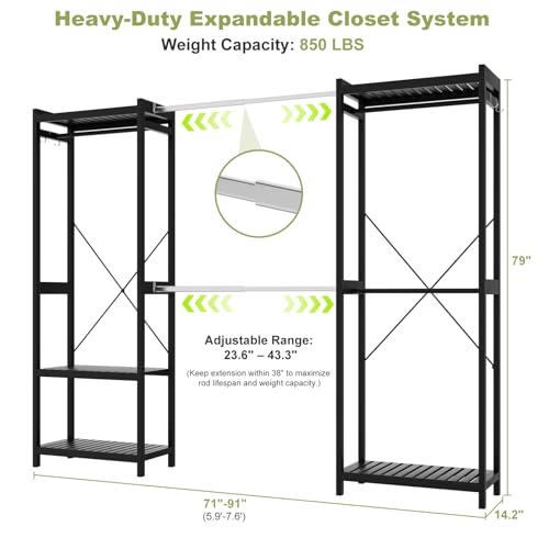 Homykic Bamboo Closet System, 71"-91" Expandable Clothing Rack with 5 Hanger Rods & Shelves, 6.6ft Tall Garment Rack Organizer for Walk-in Closet Bedroom, Max Load 850LBS, Easy to Assemble, Black - color: Black, size: 91"Wx14.2"Dx79"H