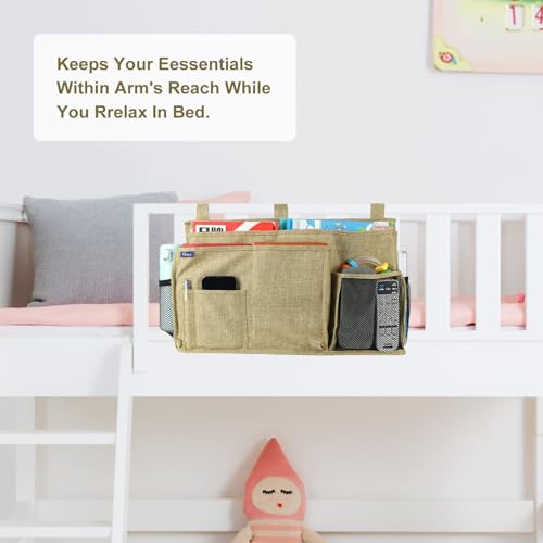 Surblue Bedside Caddy Hanging Bed Organizer Storage Bag Pocket for Bunk and Hospital Beds, College Dorm Rooms Baby Bed Rails, Camp 8 Pockets, (Large, Linen) - color: Linen, size: Large